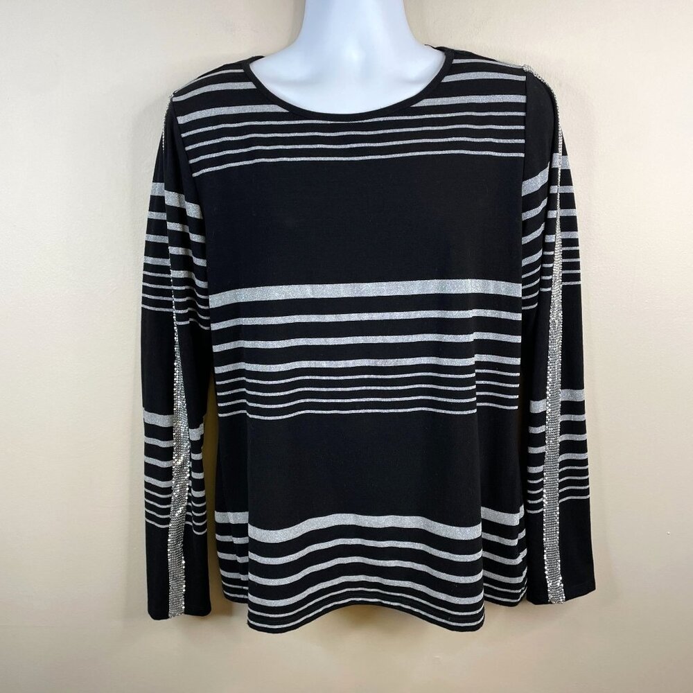 Allen B Allen Schwartz Womens Metallic Detail Striped‎ Top Size XL Party Holiday